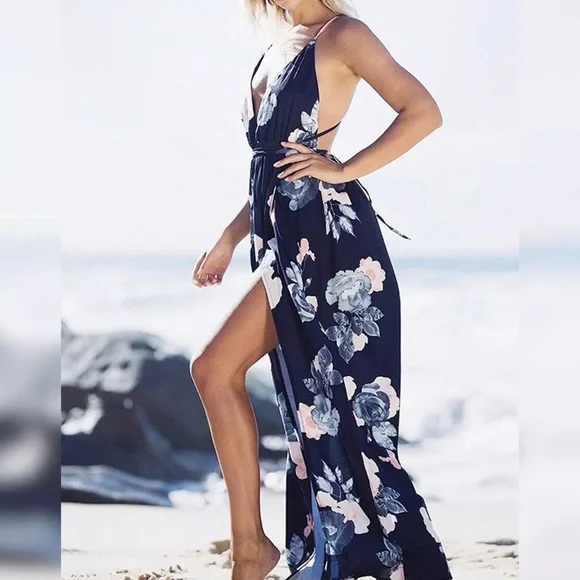 SIMPLEE Women Backless V Neck Floral Split Maxi Dress, Size M boho beach stretch - Picture 3 of 9